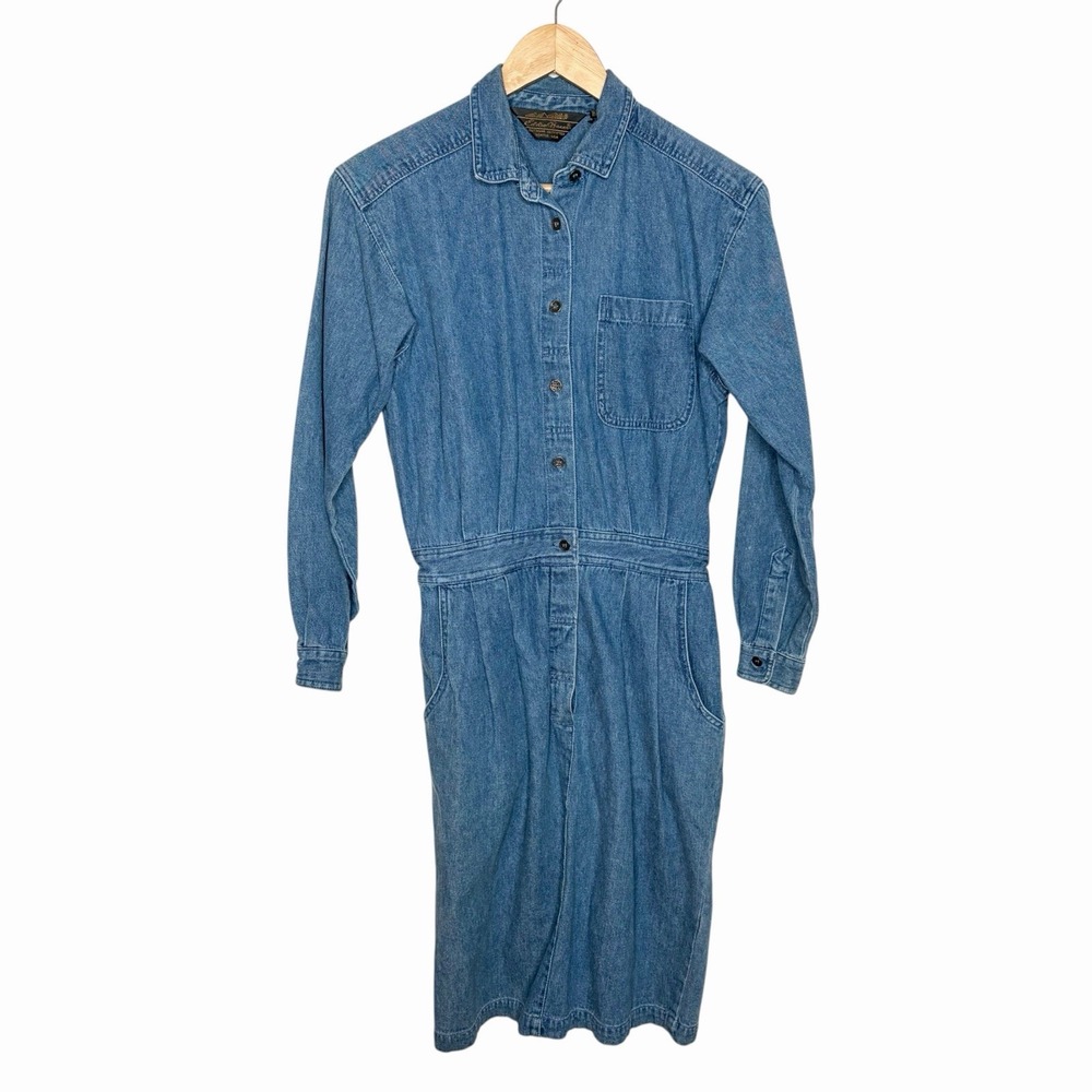 Eddie Bauer Vintage Denim Midi Dress Womens Small Western Shirt Teacher 90s Jean